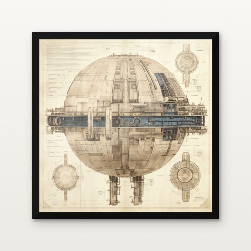 Blueprint of Death Star in Black Classic Frame with Matt paper & Protective Coating - DrawTools