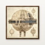 Luxury Blueprint of Death Star Canvas Print in Warm Walnut Floating Frame - Modern Interior Wall Art | DrawTools