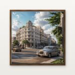 Luxury Golden Hour on Heritage Street Canvas Print in Warm Walnut Floating Frame - Modern Interior Wall Art | DrawTools