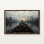 Luxury Journey Through the Mistbound Canal Canvas Print in Warm Walnut Floating Frame - Modern Interior Wall Art | DrawTools