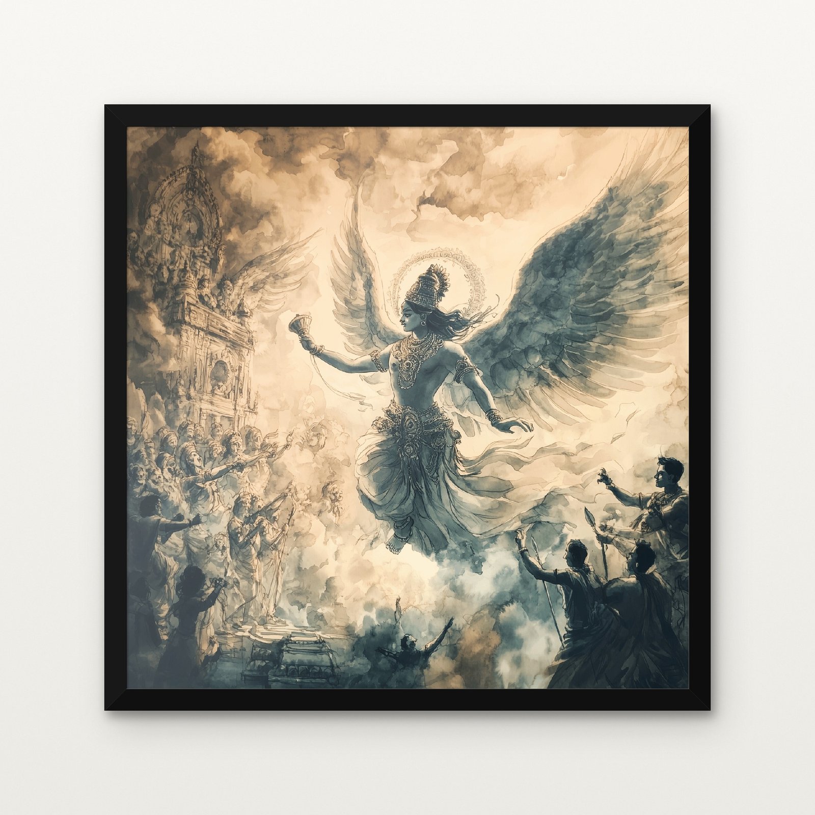 Krishna Guardian of the Skies Divine Spiritual Canvas Painting - Black Classic Frame | DrawTools Buy Krishna Guardian of the Skies Divine Spiritual Canvas Painting Online - Black Classic Glazed Frame | DrawTools
