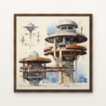 Luxury Sky Bastion of the Cloud Guild Canvas Print in Warm Walnut Floating Frame - Modern Interior Wall Art | DrawTools