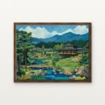 Luxury Tranquility Beyond the Hills Canvas Print in Warm Walnut Floating Frame - Modern Interior Wall Art | DrawTools